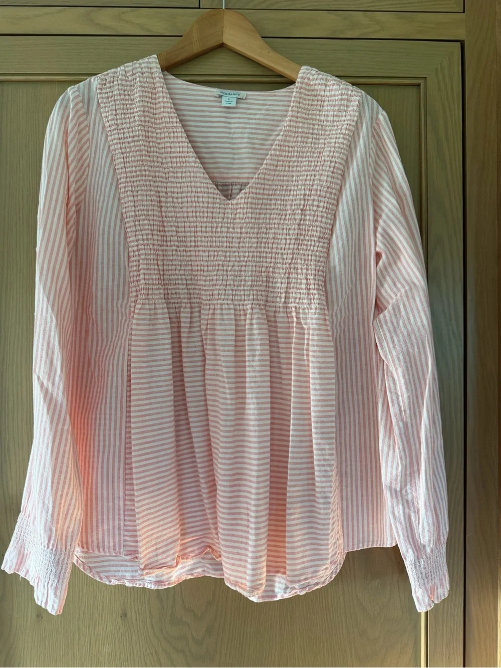 Sundance Julia Pink/Peach White Smocked V-Neck Babydoll Popover Top / LG